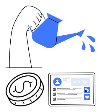 Elden akan su, dolar sikke, sağlık ölçümleri büyüme, finans ve refahı destekleyen tablet. Üretkenlik, sağlık, finansal planlama, kişisel sağlık yönetimi için ideal