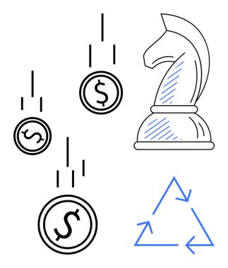 Satranç şövalyesi stratejiyi sembolize ediyor, madeni kararlar için paralar aşağı düşüyor, ve sürdürülebilirlik için okları geri dönüştürüyor. Finans, strateji, yatırımlar, sürdürülebilirlik, ticaret ve planlama için ideal