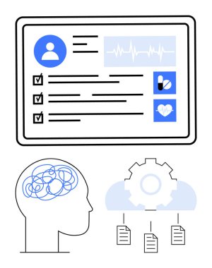 Tıbbi verileri olan dijital sağlık paneli, akıl sağlığını temsil eden beyin, otomasyonu sembolize eden bulut dişlisi. Sağlık, teknoloji, yapay zeka, analitik, akıl sağlığı ve yenilik için ideal