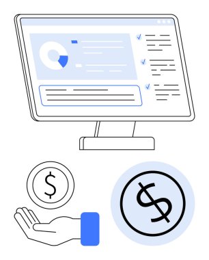 Analiz, çizelge, kontrol listesi olan bilgisayar monitörü. Bozuk para ve dolar işareti simgesi tutan bir el. Finans, yatırım, analitik, planlama, dijital iş e-ticareti için ideal basit bir iniş sayfası