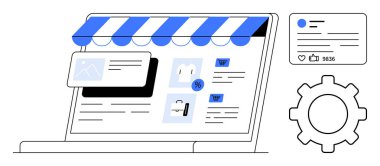 Mağaza önü, alışveriş arabası, ürün ikonları, pazarlama yemi ve vites ikonu ile e-ticaret kurulumu. Çevrimiçi alışveriş, pazarlama süreci, ürün listeleme, web yönetimi web sitesi perakende satış ayarları için ideal