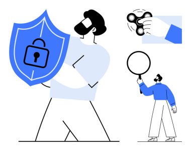 Elinde asma kilit olan bir adam, elinde dönen bir şey tutan bir adam ve büyüteçle muayene eden bir kadın. Güvenlik, odaklanma, soruşturma, koruma, teknoloji, güvenlik için basit iniş sayfası