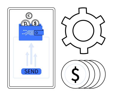 Cep telefonu cüzdanı şifreli para ve para gönderiyor. Oklar transferi gösteriyor. Ayarlar için teçhizat, finans için para yığını. Fintech, e-ticaret, engelleme zinciri, ödemeler, uygulamalar, iş sade için ideal