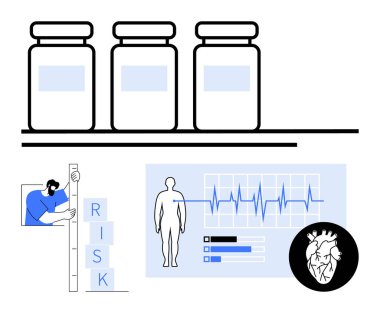 Üç şişe, kalp atışı grafiğine bağlı insan figürü risk diyagramı ve kalp ikonu. Sağlık, tıbbi araştırma, teşhis, biyoteknoloji, kardiyoloji risk analizi için ideal. Basit bir iniş sayfası.