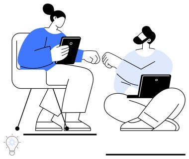 Bir dizüstü bilgisayar ve tabletle oturmuş tartışan iki kişi beyin fırtınası, yaratıcılık, işbirliği ve dijital iletişimi sembolize ediyor. Takım çalışması, yenilik, iş, strateji için ideal