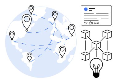 Rotalar, engelleme zinciri yapısı, sosyal medya iletisi ve ampul ile bağlı konum lobutları haritası. Ağ kurmak için ideal, teknoloji, küresel ulaşım, yenilik, sosyal medya bağlantısı basit