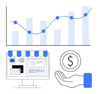 Yükselen eğilimli büyüme tablosu, e-ticaret mağaza vitrini, pazarlama unsurları, dolar işareti ve el ikonu. Pazarlama, analitik, satış, e-ticaret eğilimleri için ideal iş büyümesi