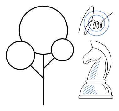 Çizgi sanatı ağacı, spiral hareket tasarımı ve mavi röfleli satranç taşı. Strateji için ideal, doğa, yaratıcılık, yenilik, hareket sadeliği dengesi. Düz basit metafor