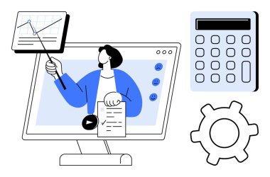 Ekranda veri sunan kişi, grafiğe hesap makinesi ve dişli sembolü ile işaret ediyor. Eğitim, iş stratejisi, veri analizi, teknoloji, finansal planlama, çevrimiçi öğrenme, iş akışı için ideal