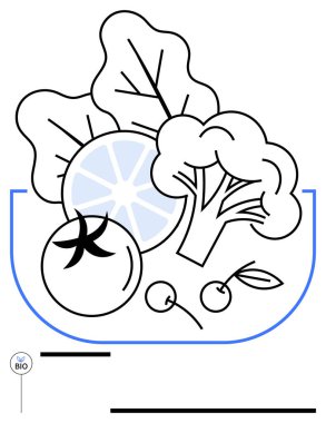 Domates, brokoli, yapraklı yeşillikler, kirazlar, bir kasede turunç dilimi. Beslenme için ideal, organik gıda, sağlıklı yaşam tarzı, vegan beslenme sürdürülebilirliği ekolojik bilinçli düz metafor.