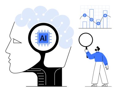 Beyin anahatlarındaki yapay zeka çipi, analitik grafik, dişliler ve gizlilik kalkanları, büyüteç tutan kişi. Teknoloji, yapay zeka entegrasyonu, veri analizi, yenilik, araştırma ve bilim için ideal