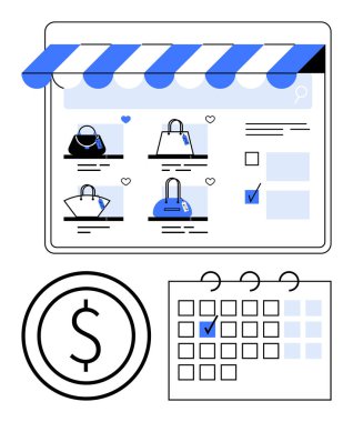 Bir web sitesinde el çantalarının, fiyat sembolünün ve takvim planının yer aldığı dijital mağaza önü. E-ticaret, perakende planlama, satış kampanyaları, alışveriş anlaşmaları, planlama, basit iniş için bütçe