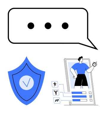 İletişim için konuşma balonu, güvenlik işaretli kalkan, akıllı telefonda fitness uygulaması. Teknoloji, fitness, güvenlik, uygulamalar, iletişim, dijital kimlik sade iniş sayfası için ideal