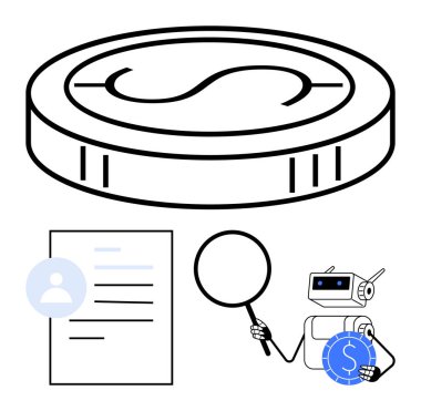 Bozuk para, kullanıcı simgesi, büyüteç tutan robot ve madeni para. Veri doğrulama, finans, kripto para birimi, yapay zeka analizi dijital kimlik otomasyonu için ideal. Düz basit metafor