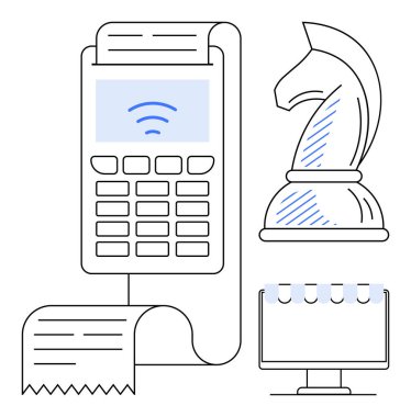 Fişi olan POS terminali, strateji için satranç şövalyesi, bağlı monitör. Ödeme sistemleri, strateji, e-ticaret, perakende satış, karar verme finans teknolojisi için ideal. Düz basit metafor