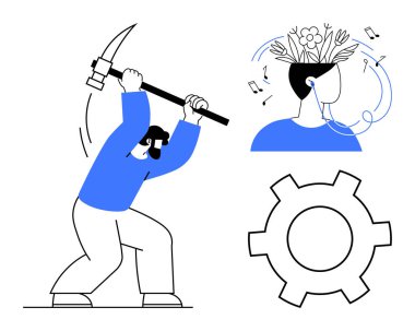 İşçi madenciliği, kazmayla fikirler, yaratıcılık kavramı ve üretkenlik için vites. Yenilik, yaratıcılık, takım çalışması, problem çözme, üretkenlik, iş hayatı için ideal