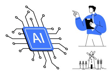 Dijital devreli yapay zeka mikroçipi, profesyonel tutucu panosu, sürdürülebilir yel değirmenleri ve ekinleri. Yapay zeka için ideal, teknolojik ilerleme, sürdürülebilirlik, yenilenebilir enerji, yenilik bilimi eko-teknoloji. Düz