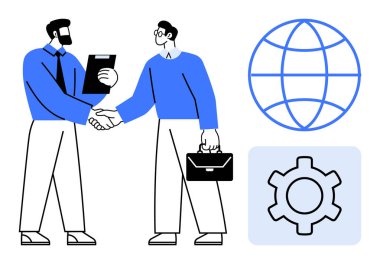 İki işadamı, takım çalışması, bağlantı ve stratejiyi temsil eden küresel ve vites simgeleriyle bir işbirliğini el sıkışıyor. İş için ideal, ortaklık, takım çalışması, işbirliği, küresel
