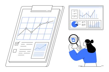 Büyüme grafikli pano, grafik gösteren dijital panel, verileri büyüteçle analiz eden kadın. İş stratejisi, analitik, araştırma, veri görselleştirme, raporlar, büyüme izleme için ideal