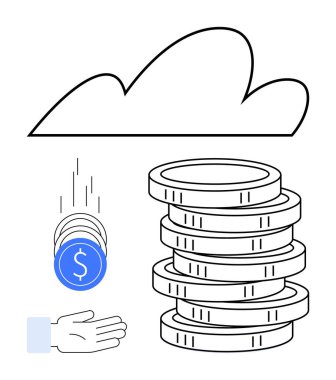 Yığınla bozuk para, bulut çizgisi dolar işaretli bozuk paralar, altına el. Finans, yatırım, tasarruf, dijital bankacılık, bulut depolama zenginlik yönetimi için ideal basit iniş sayfası