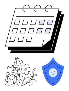 Vurgulanmış günleri olan takvim, güvenlik işaretli kalkan ve büyüme için çiçekler. Program, organizasyon, planlama, doğa, güvenlik, üretkenlik için ideal basit iniş sayfası