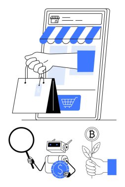 Akıllı telefon dükkanından el ele alışveriş torbaları, robot analiz verileri, el büyüyen kripto para birimleri. E-ticaret, dijital ödeme, yapay zeka, engelleme zinciri, perakende teknolojisi, çevrimiçi sürdürülebilirlik için ideal