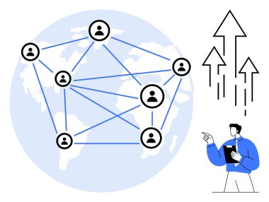 Kullanıcı bağlantıları dünya haritasını gerer, büyüyen oklarla dijital bir ağ görüntüler. Küresel iletişim, takım çalışması, veri paylaşımı, yenilik, ölçeklenebilirlik, ilerleme ve dijital için ideal