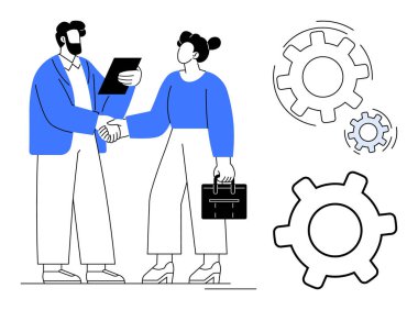 İki profesyonel el sıkışıyor, evrak ve evrak çantasını tutuyor, işbirliğini temsil eden büyük vitesler hareket ediyor. İş için ideal, takım çalışması, ortaklık, müzakere, işbirliği, yönetim