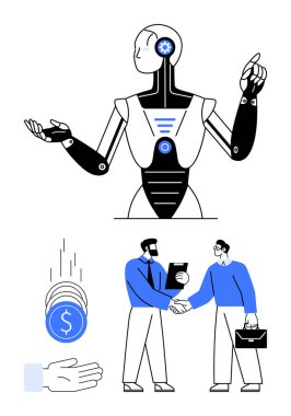 Robot fikirler sunuyor, iş adamları el sıkışıyor, bozuk paralar düşüyor ve avuç içi genişletiliyor. Finans, ortaklık, yapay zeka, otomasyon, iş çözümleri yenilikleri ve basit bir iniş sayfası için ideal