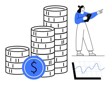 Tablet tutan kadın, madeni para yığınları ve finansal grafikte el kol hareketi yapıyor. Ekonomi, finans, yatırım, büyüme stratejisi, veri analizi, iş planlaması, basit iniş sayfası için ideal