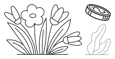 Yapraklı çiçek demeti zenginliği simgeleyen bir bozuk para ve filizlenen bir bitki. Doğa, çevre, finans, sürdürülebilirlik, büyüme ekolojisi ve yatırım için idealdir. Basit iniş sayfası