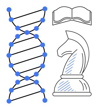 Mavi düğümlü DNA sarmalı, satranç şövalyesi ve açık kitap özeti yenilik, strateji ve eğitimi sembolize eder. Genetik, öğrenme, analitik, karar verme araştırması problem çözme dairesi için ideal