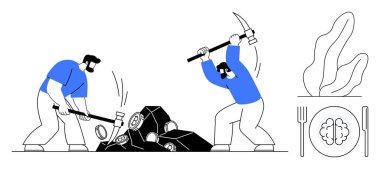 İşçiler taşları kırmak için araç kullanıyorlar, soyut büyüme ve öğrenme sembolizmi ile eşleştiriyorlar. Kavramlar için idealdir. Takım çalışması, azim, sıkı çalışma, işbirliği, odaklanma, hedefler, basit iniş