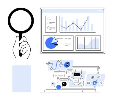 Elinde büyüteç, grafikli veri paneli ve pasta grafiği, dizüstü bilgisayarında yapay zeka sohbet robotu. Analiz, yapay zeka, iş zekası, karar verme, dijital strateji, yenilik için ideal