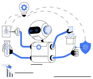 Birden fazla kolu olan robot DNA test tüpü, kalkan ve veri ikonunu tutuyor. Teknolojiyi, yeniliği ve güvenliği sembolize ediyor. Yapay zeka, otomasyon, bilimsel araştırma teknolojisi veri güvenliği için ideal