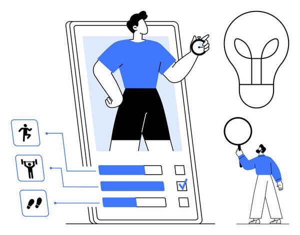 Large smartphone screen displays fitness tracking progress. Activity icons and lightbulb symbolize innovation. Ideal for fitness, health, technology, inspiration, app design, progress, simple landing