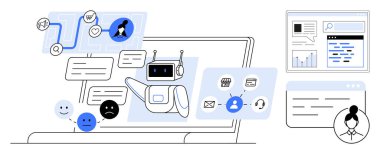 Yapay zeka sohbet robotları mesajlaşır, kullanıcı geribildirimlerini yönetir ve görevleri düzene sokar. Müşteri desteği, otomasyon, yapay zeka iletişimi, kullanıcı yönetimi, teknoloji hizmetleri, basit iniş sayfası için ideal