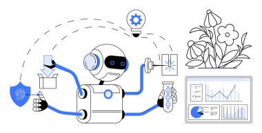 Robot çoklu görevi, grafikleri analiz etmek, bir deney tüpü tutmak, doğayla etkileşim kurmak, fikirleri göstermek. Yenilik için ideal, bilim, yapay zeka araştırması, otomasyon sürdürülebilirlik yaratıcılığı basit