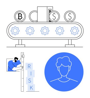 Kripto para birimi ve dolar simgeleriyle otomatik taşıyıcı, risk bloklarını ölçen işçi, basit kullanıcı profili simgesi. Fintech, yatırım, risk yönetimi, kripto para birimi, otomasyon, finans için ideal