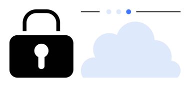 Kara kilit, bulut depolama ve yükleme durumu noktaları için açık mavi bir bulutun yanında güvenliği temsil ediyor. Veri koruması, siber güvenlik, bulut hesaplama, gizlilik, dijital güvenlik için ideal