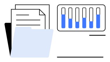 Dosya klasörünün yanındaki mavi test tüpleri ve kağıtlar araştırma, laboratuvar analizi ve veri organizasyonunu işaret ediyor. Bilim, veri analizi, araştırma, dokümantasyon, tıbbi çalışma ve veri için ideal