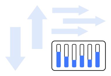 Oklar çift yönlü akışı ve veri hareketini gösteriyor. Karşılaştırmalı performans veya istatistikleri gösteren çubuk çizelgesi. İş, analiz, istatistik, veri akışı, süreç, izleme için ideal