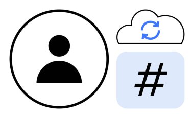 Kullanıcı profil çemberi, senkronize simge ile bulut ve üstveri etiketi sembolü, özdeşlik, bağlantı ve içerik kategorizasyonu. Sosyal medya, kişiselleştirme, ağ oluşturma, organizasyon için ideal