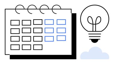 Bir ampul ve bulut simgesinin yanında altı çizili tarihli spiral takvim. Program, organizasyon, beyin fırtınası, yaratıcılık, yenilik, planlama, üretkenlik için ideal. Düz basit