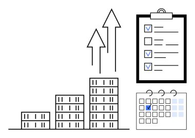 Üç blok ve oklarla büyüyen çubuk grafik, tamamlanmış görevlerle kontrol listesi ve işaretlenmiş bir takvim tarihi. Başarı, büyüme, planlama, üretkenlik, hedefler, görev yönetimi ve başarı için ideal