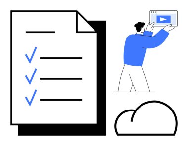 Kontrol işaretli belge, bulut depolama simgesi, multimedya görüntüsü tutan figür. Üretim için ideal, uzak çalışma, bulut teknolojisi, çevrimiçi öğrenme, organizasyon, içerik oluşturma basit iniş