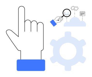 Yukarıya bakan büyük el hareketi, küçük diyagramlarda büyüteç, vites simgesi ve bulut. Analiz, veri, kontrol, sistem ayarları için ideal. Düz