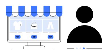 Mağaza önü, birden fazla ürün kartı, alışveriş arabası simgeleri ve bir kullanıcı profili simgesi olan masaüstü ekranı. E-ticaret, alışveriş, kullanıcı arayüzü, perakende satış, dijital pazarlama ürünü görüntüleme için ideal