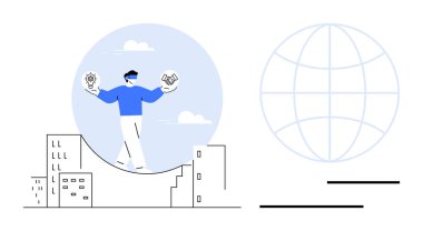 Şehir manzarası üzerinde fikirleri ve el sıkışma kavramlarını dengeleyen iş adamları, yenilik ve takım çalışması temalarını yansıtıyorlar. İş, strateji, küreselleşme, liderlik, kentsel planlama, büyüme için ideal