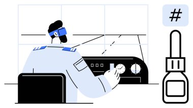 Pilot kokpit kontrollerini çalıştırıyor, radar ekranlarını analiz ediyor, kulaklık takıyor. Havacılık, yenilik, teknoloji, güvenlik, iletişim navigasyon ekibi çalışması için ideal. Basit bir iniş sayfası için mükemmel